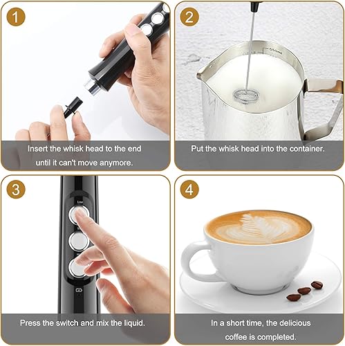 Miniatura 5 de Espumador de leche eléctrico de mano, espumador de café recargable por USB con 2 batidores de acero inoxidable, mini licuadora ajustable de 3