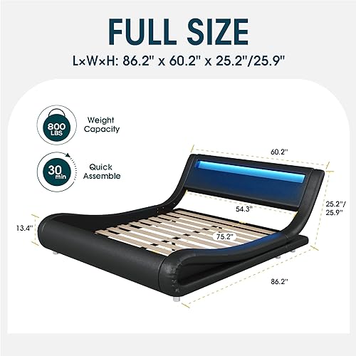 Miniatura 2 de WEEWAY Moderno marco de cama matrimonial con cabecera de luces LED RGBW, diseño de trineo tapizado de perfil bajo, soporte de listones de madera