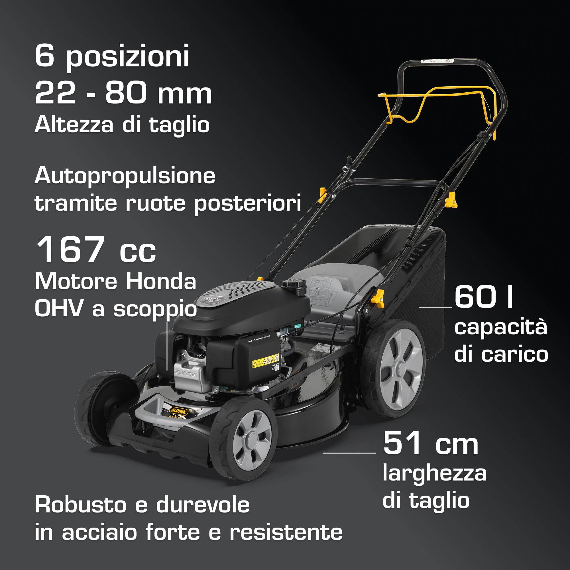 Alpina AL5 51 SHQ Tagliaerba A Scoppio Semovente, 166 cc, 51 cm – Sacco 60 l, Mulching – Prati fino a 1.800 m²