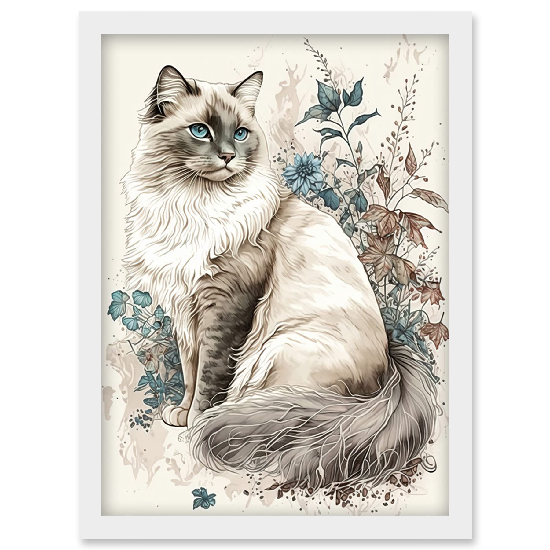 Artery8 Blue Point Ragdoll Cat with Flowers Watercolour Illustration Artwork Framed Wall Art Print A4