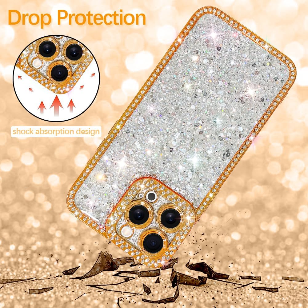 Condition photo showing New/Like New for ZIYE Designed for iPhone 16 Pro Case Glitter Dimond Bling Cover with Camera Protector Protection Sparkle Luxury Shiny Cute Soft TPU Slim Shockproof Protective Women Girls Phone Case Gold iPhone 16 Pro Gold