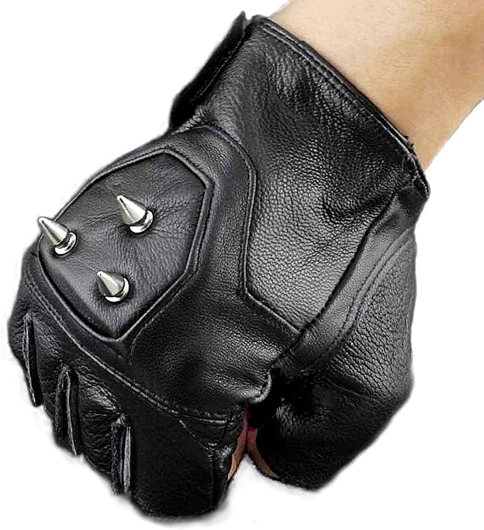 Mens Leather Spike stud Punk Rocker Driving Motorcycle Biker Fingerless
