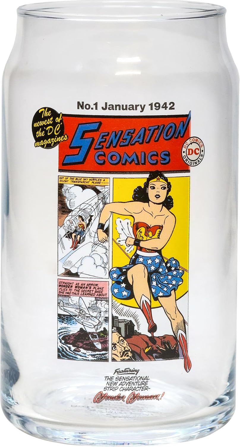 Spoontiques Wonder Woman Glass Set - 2 Unique Glasses Per Set in Colorful Decorative Gift Box - 16oz - 5 1/4" Tall