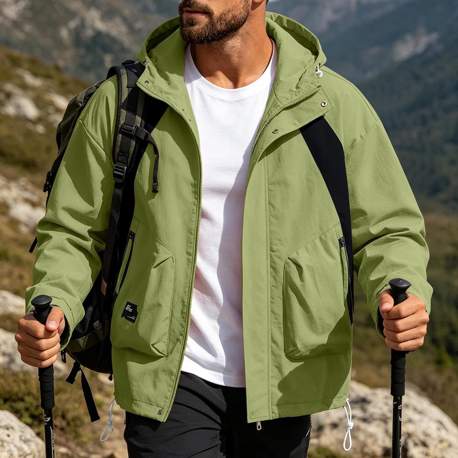 Windbreaker Jacket Men Waterproof Hoodie Zip Up Long Sleeve Pocket Coat
