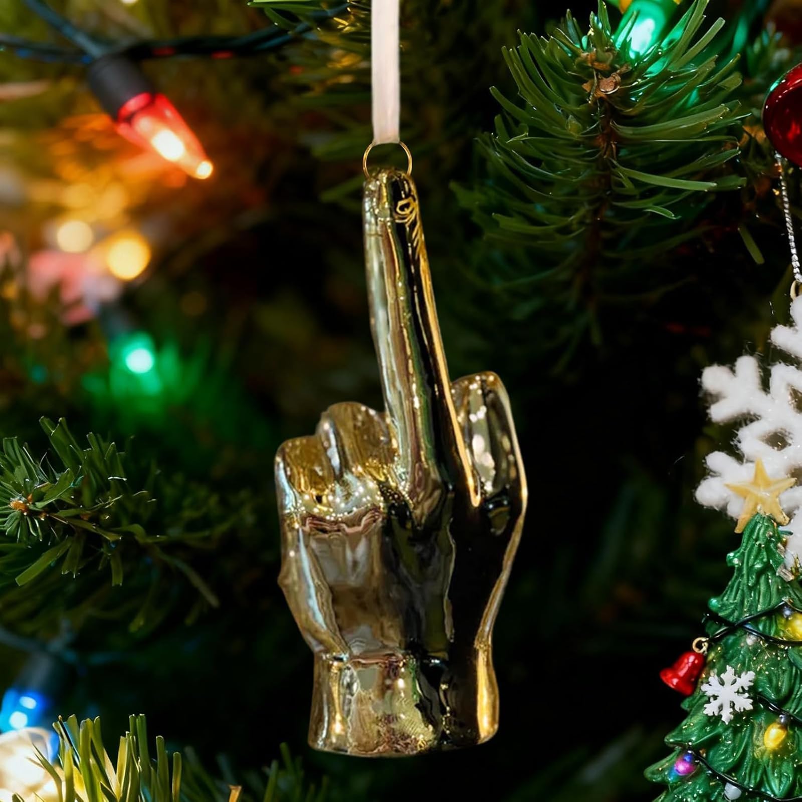 Yaepoip Middle Finger Ornament - Middle Finger Christmas Ornament, Golden middle finger naughty Xmas ornament, Funny Hand Gesture Holiday Home Decor White Elephant Gifts for Adults (one)