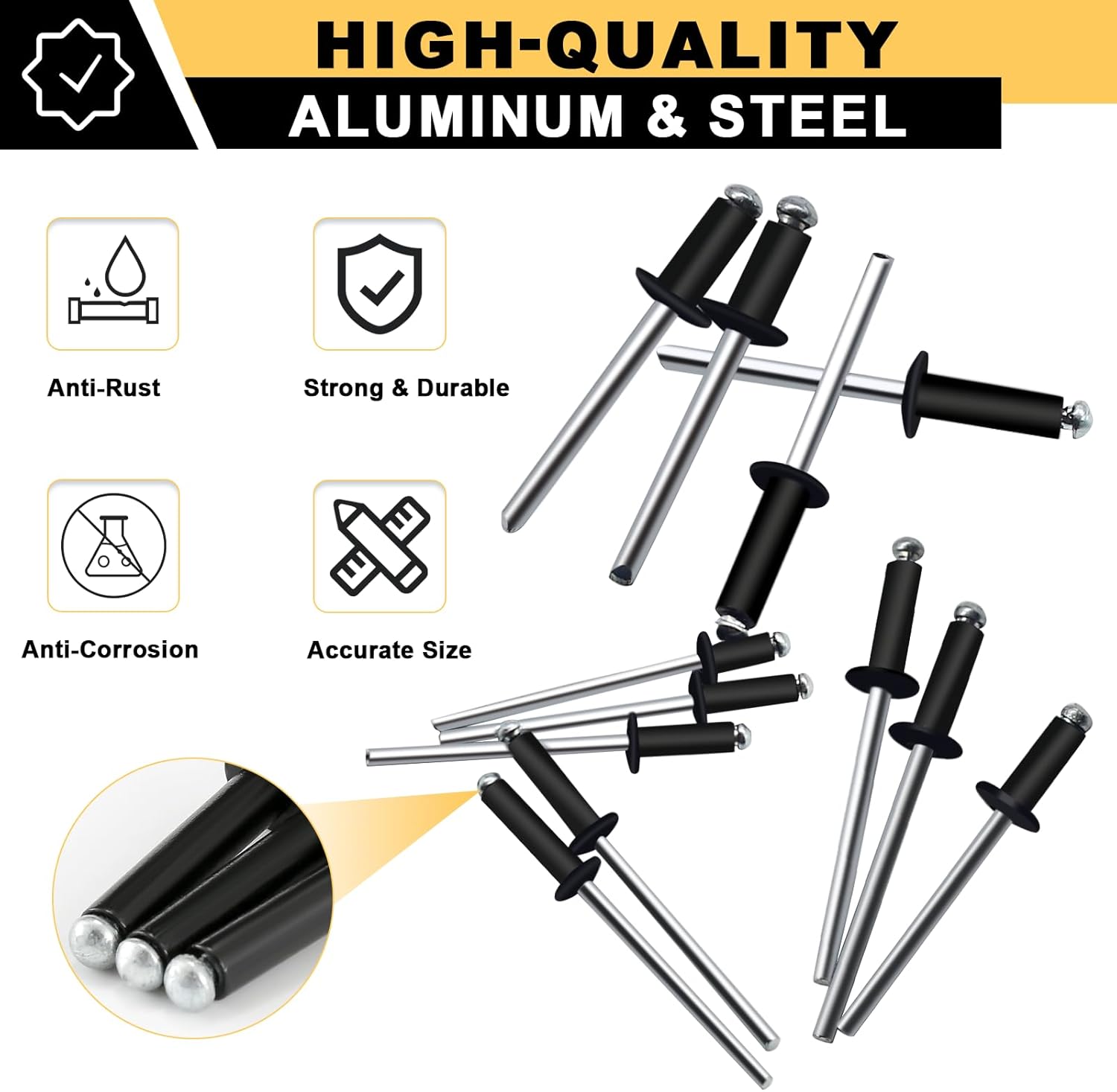 Siptenk 530PCS Black Pop Rivets Assortment Kit, SAE Aluminum Assorted Blind Rivet Set 14 Sizes 3/32" 1/8" 5/32" 3/16" Pop Rivet Kit for Metal