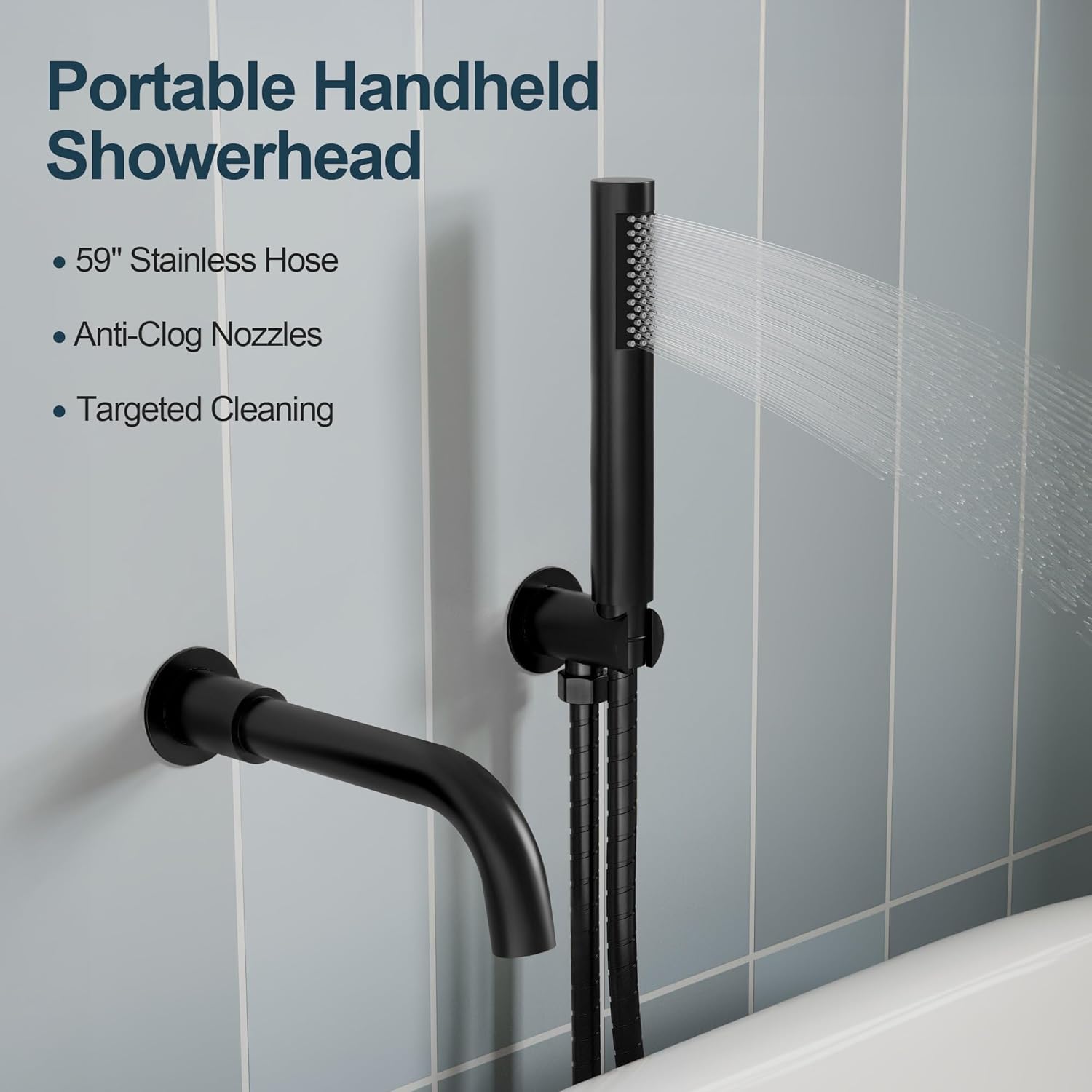 Matte Black Wall Mount Bathtub Faucet with Handheld Shower, High Flow Tub Filler, Solid Brass Rough-in Valve Included, Single Handle Bathroom Fixture