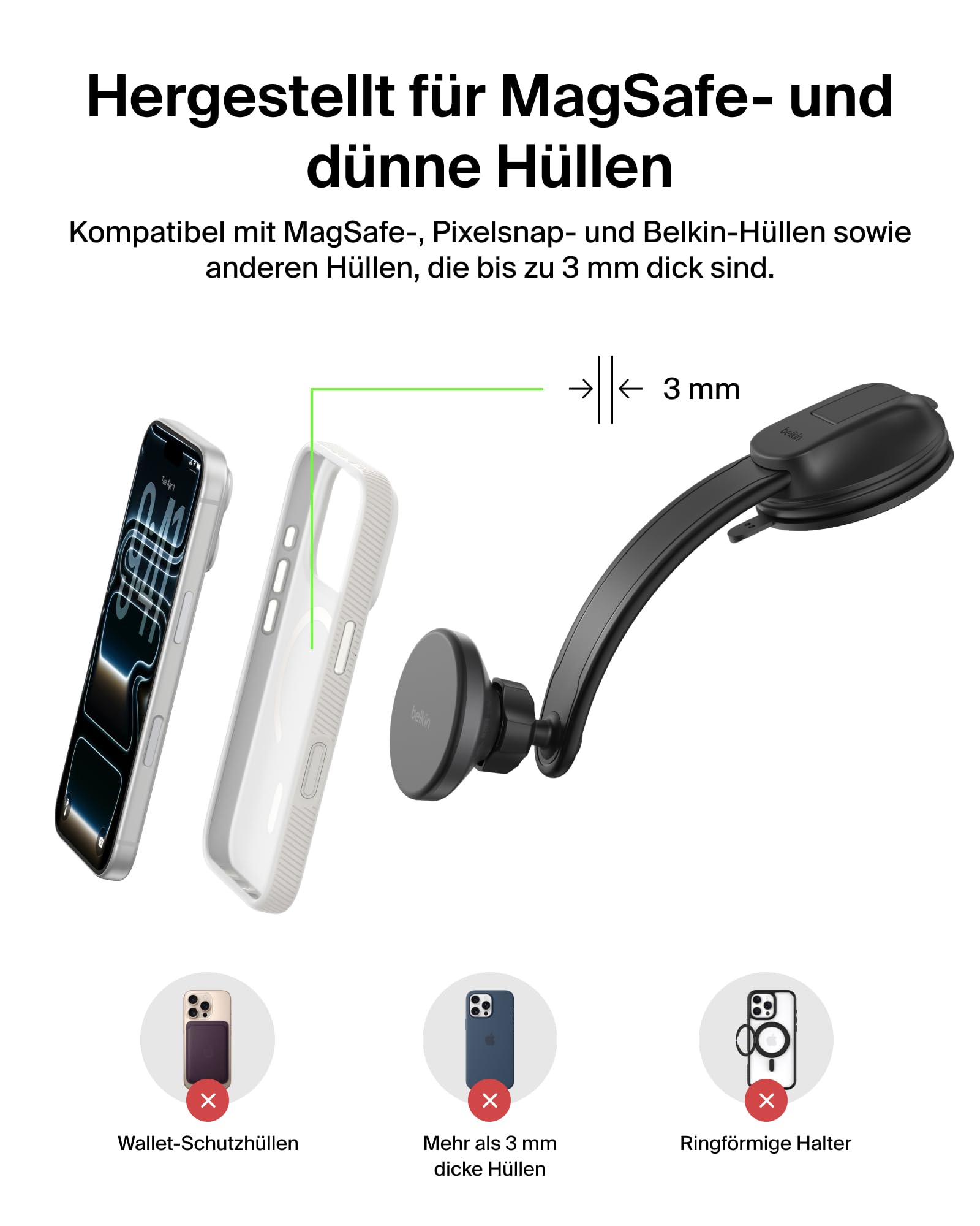 Belkin Kfz Ladegerät Kabellos, Handy Autohalterung mit Ladefunktion, MagSafe Kompatibel, USB-C-Kabel, Induktive Ladestation Auto für iPhone 17, Galaxy S25, Pixelsnap usw., Qi2 Schnellladen – Schwarz