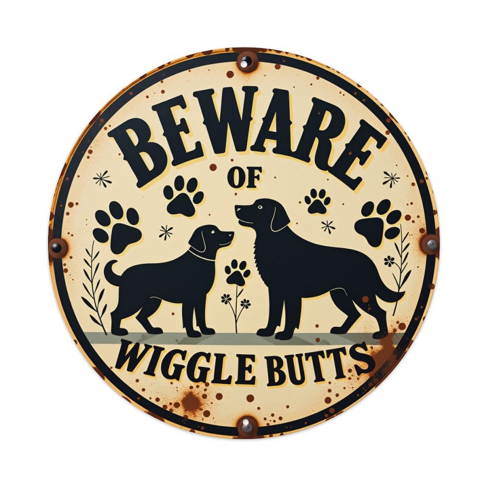 Beware Of Wiggle Butts Dog Paw Prints_1 Round Tin Sign Vintage Style Metal Sign Home Bar Garden Wall Plaque Decor Metal Poster 8x8 Inch