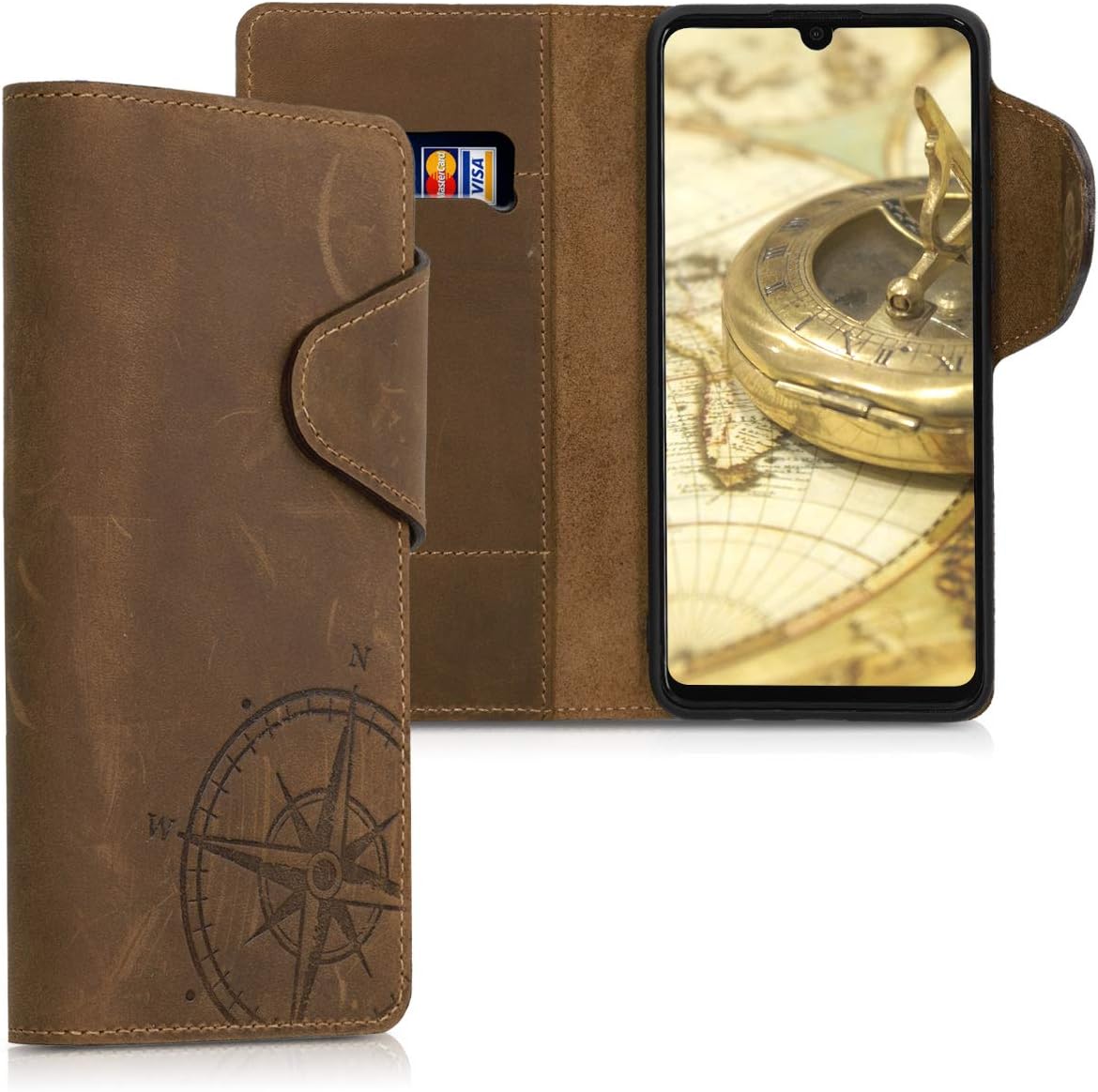 kalibri Case Compatible with Huawei P30 Lite - Wallet Case Real Leather Book Style Cover with Card Slot - Navigational Compass Brown