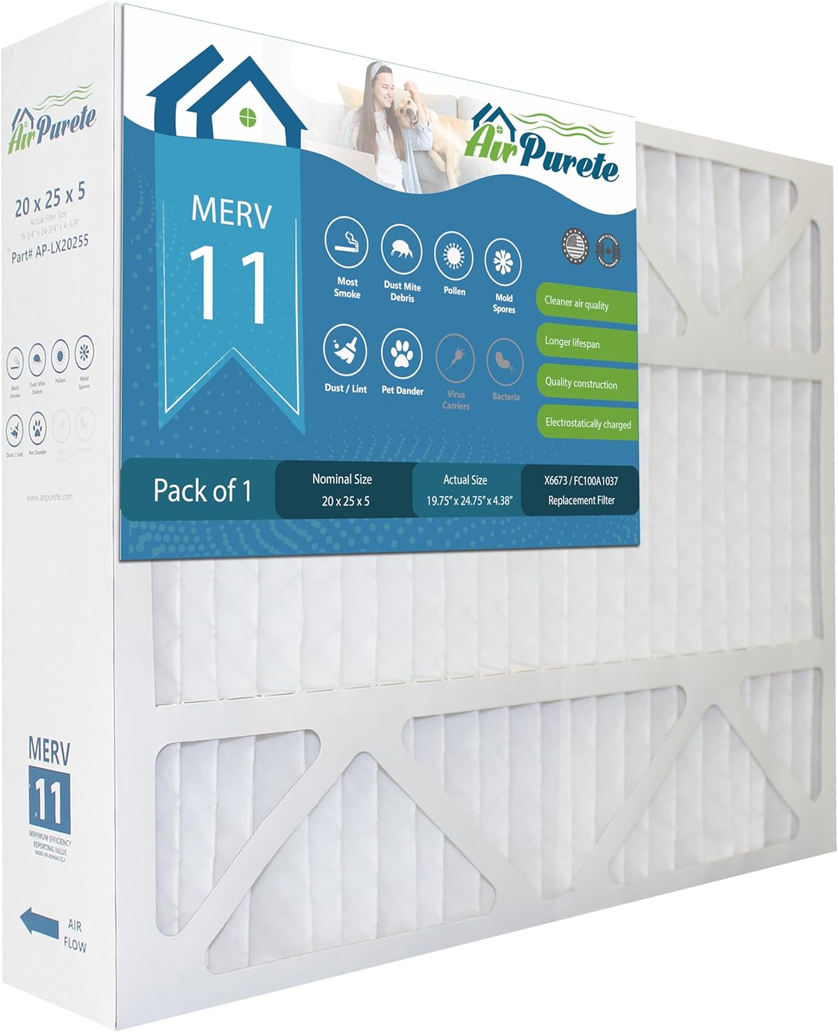 AirPurete AP-LX20255 air filter, replacement for Lennox X6673, Honeywell FC100A1037 | Actual Size 19-3/4" x 24-3/4" x 4-3/8" (20x25x5) | Merv 11 | Pack of 1