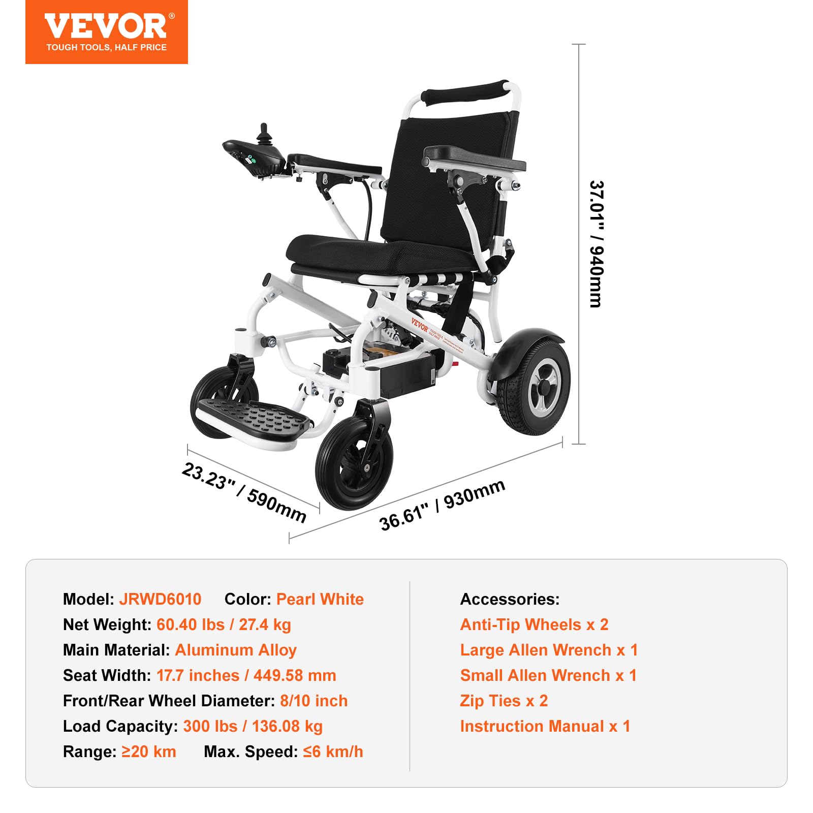 VEVOR Sedia a Rotelle Elettrica per Adulti Anziani, Capacità Carico 136,08 kg, Sedia a Rotelle Motorizzata Pieghevole Leggera Larghezza 449,58 mm, Sedia Elettrica per Tutti i Terreni Lega Alluminio