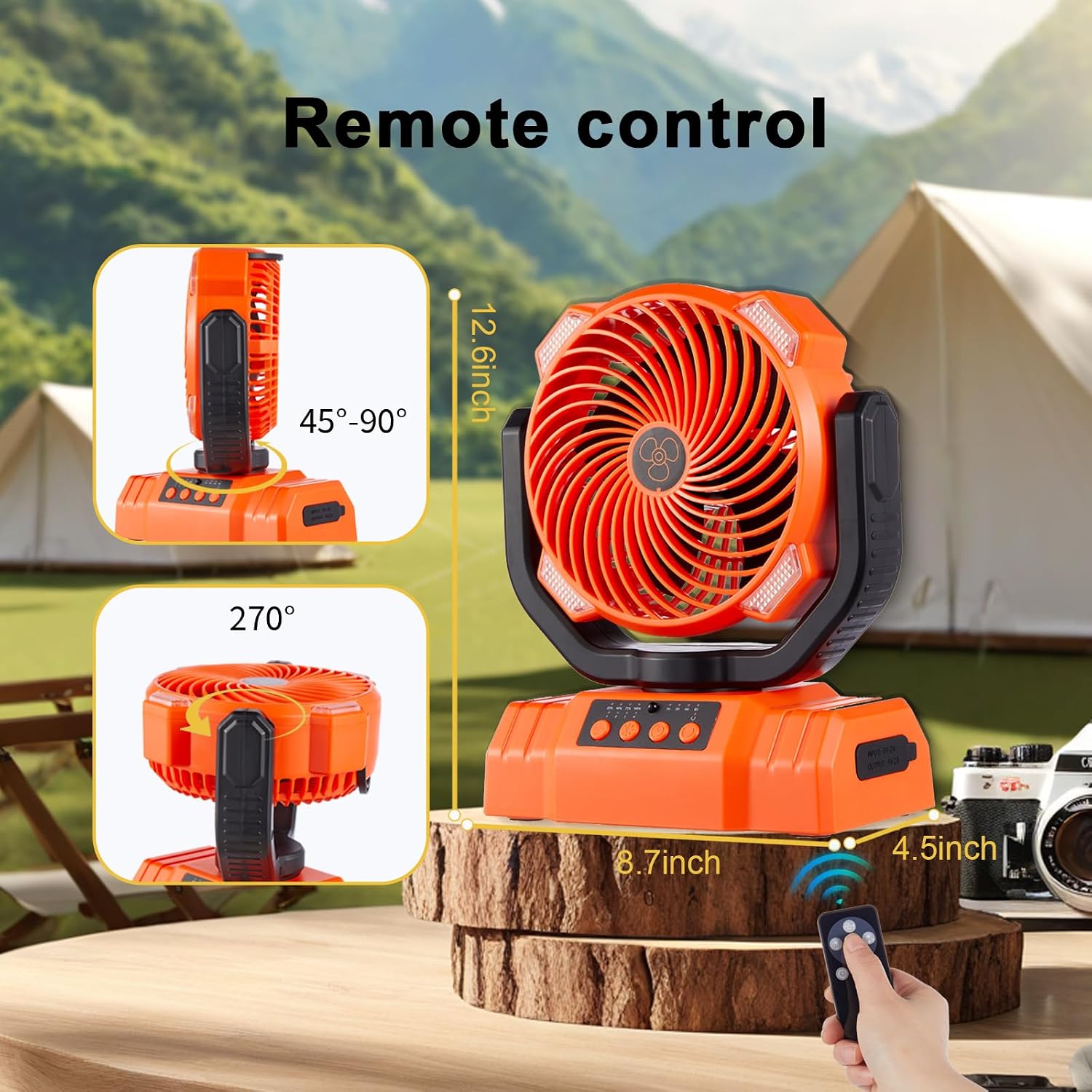 Rechargeable Fan,Operated Camping Battery Powered Fan with Hook&Bright LED Light,Remote Control Timer Auto Oscillation Cordless for Outdoor Power Outage,Picnic,Barbecue,Fishing,Worksite,Home,Tent image 2