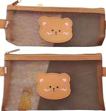 AuraGlor Pencil Case Mesh Bag Big Capacity Cute Bear Large Pencil Pouch Pen Bag Box Organizer Simple Storage Aesthetic Cosmetic Makeup Pen Stationery for Adults Women Office Essentials 2 Pack