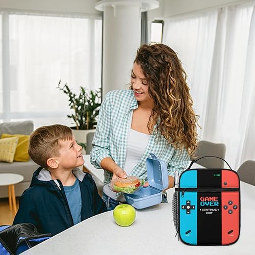Miniatura 7 de Lonchera aislada para videojuegos, lonchera para niños y niñas, reutilizable, portátil, con asa desmontable (rojo neón y azul)