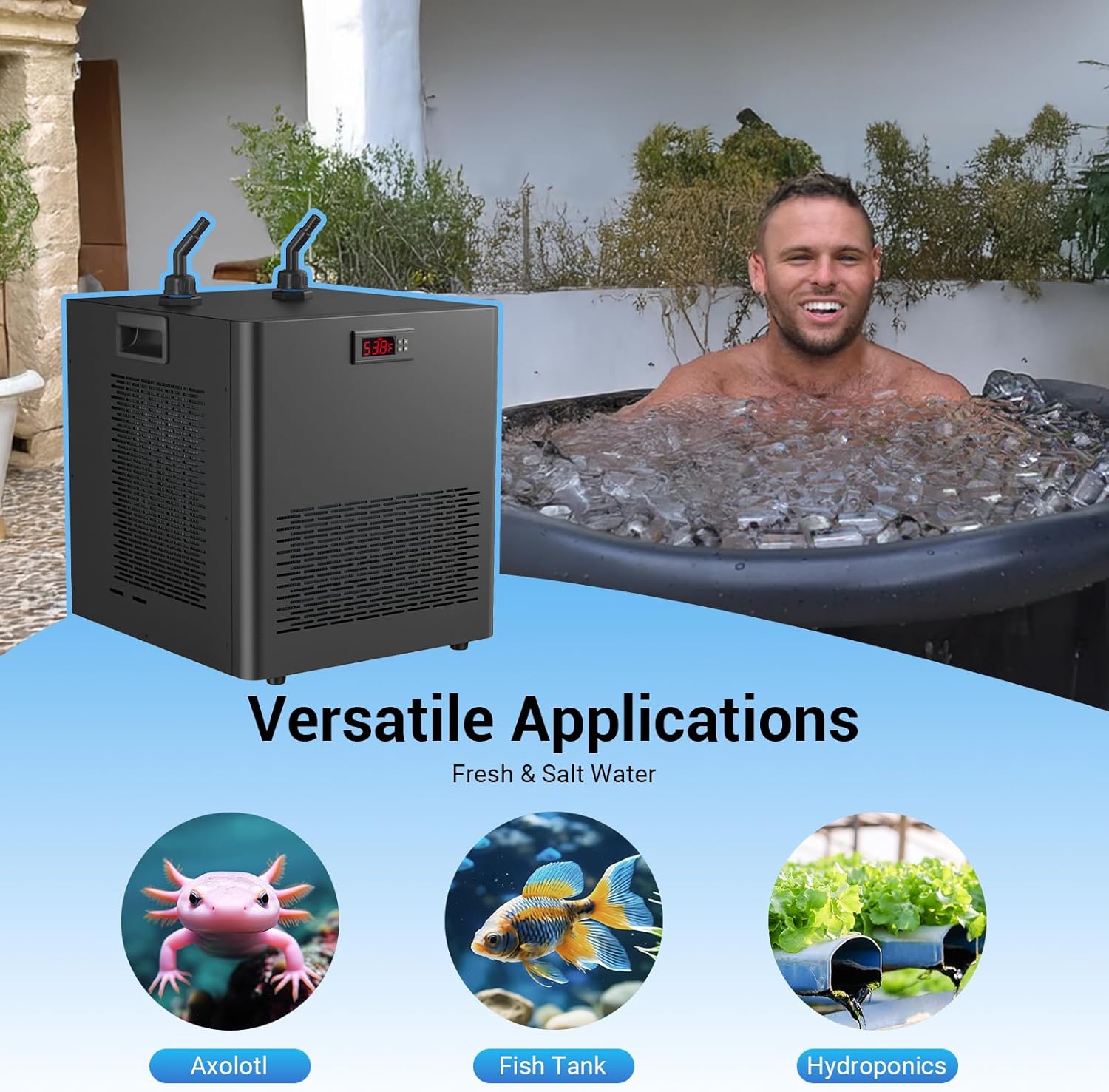 132 Gallon Aquarium Chiller, 1/2 Hp Ice Bath Water Chiller for Cold Plunge, Hydroponic Water Chiller with Water Pump and Quiet Design Compressor for Axolotl Jellyfish Coral Reef(Temp: 45-89°F)