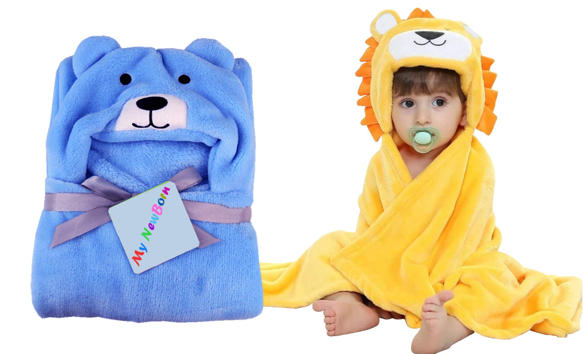 MY NEWBORN Baby Blanket Hooded Cartoon for Boys and Girls- Combo of 2 Blue Yellow