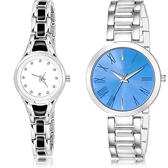 NEUTRON Professional Chain Bracelet Diamond and Simple Casual Chain Analog White and Blue Color Dial Girls Watch - G594-G603 (Pack of 2)