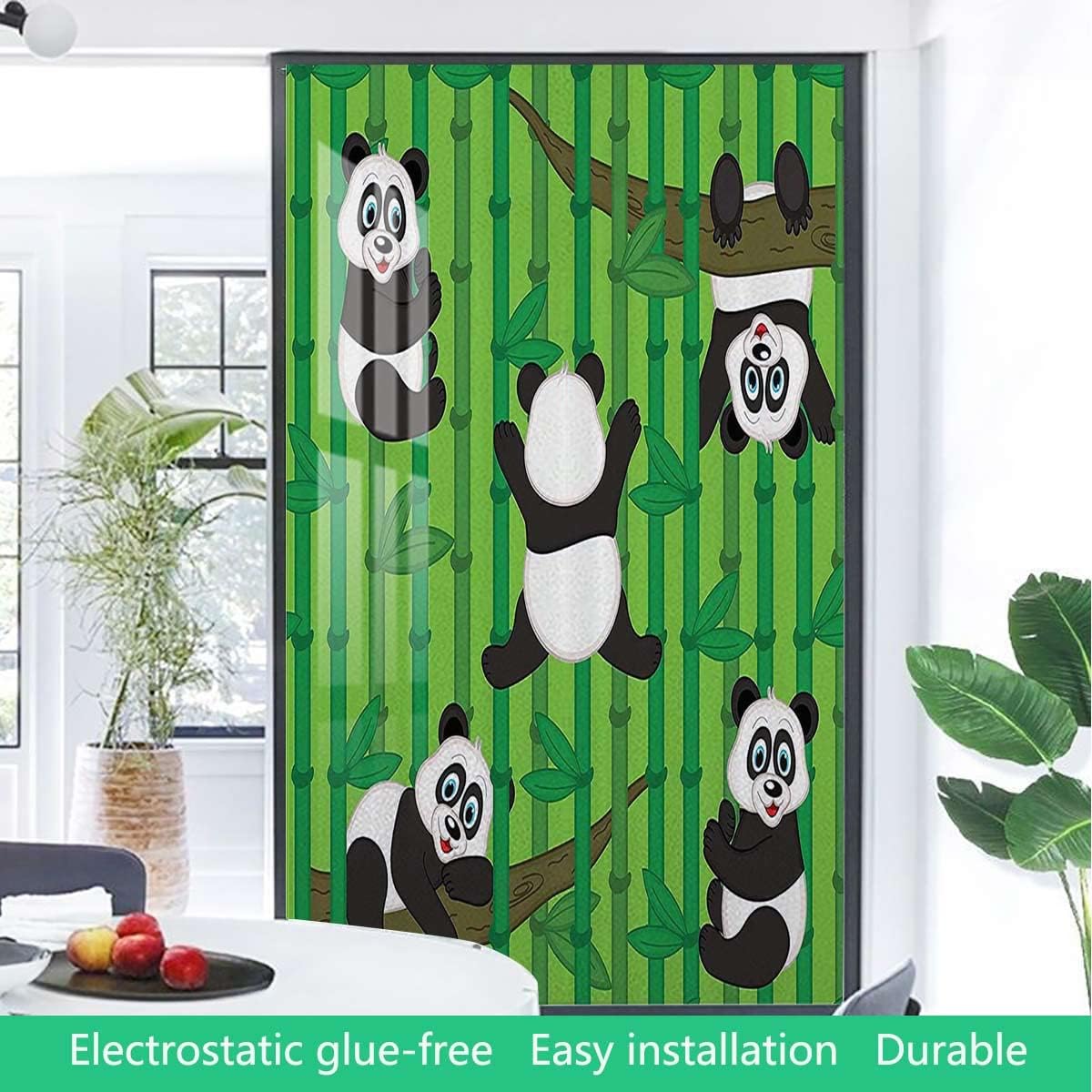Green Black White Window Privacy Film Glass Sticker Decal Pandas Climbing on Bamboo Trees Children Window Film Privacy Non Adhesive Frosted Animal 23.6Wx47.2L-inch
