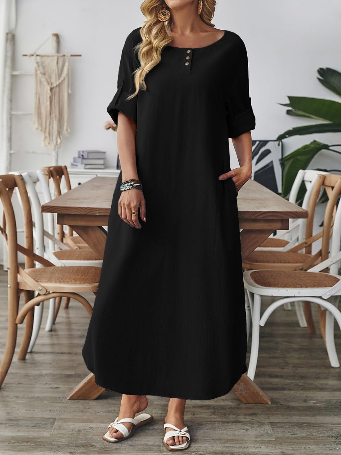 Celmia Autumn Solid Loose Long Maxi Dress Cotton Caftan - Image 5