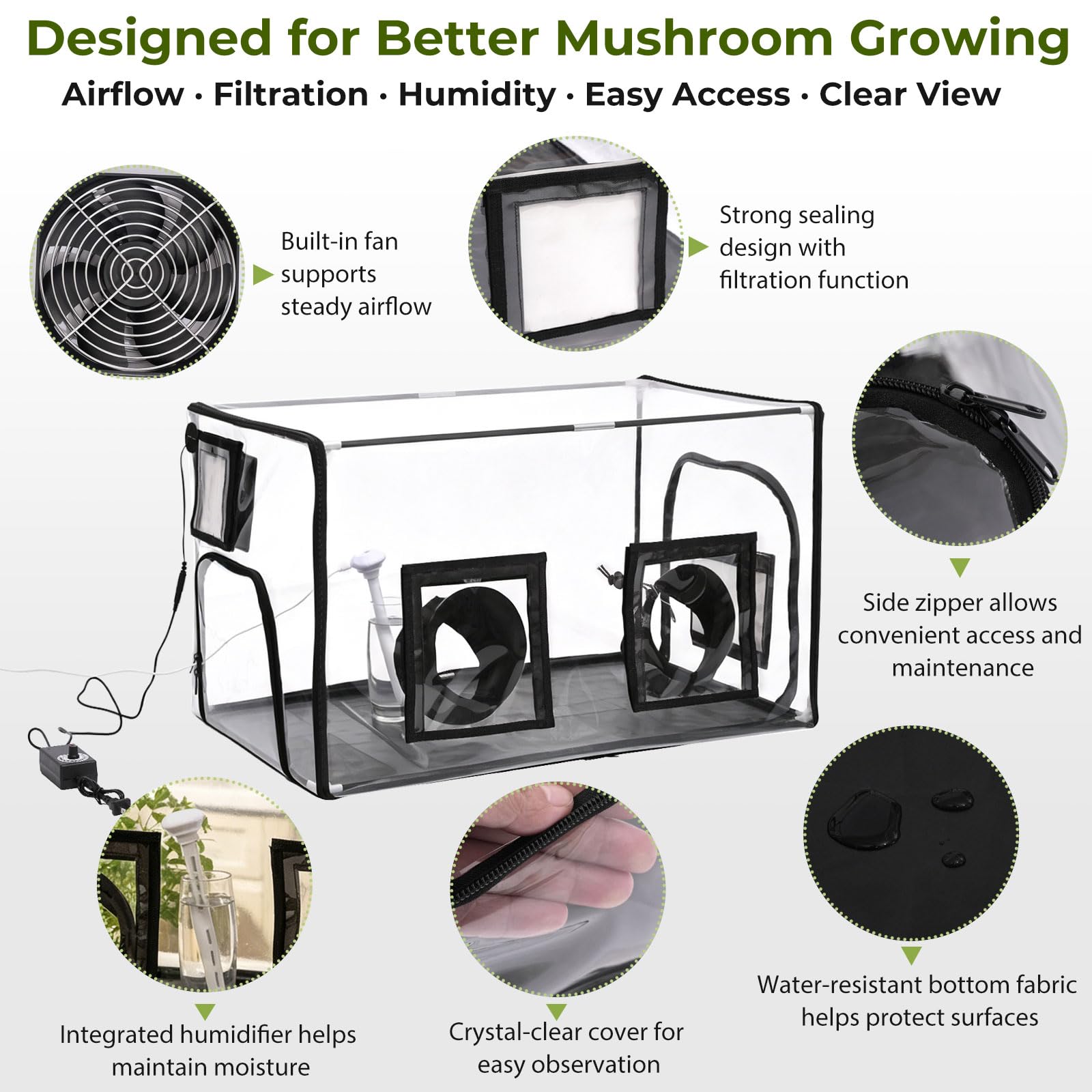 Kit de tienda de cultivo de hongos premium con humidificador y ventilador, invernadero interior de escritorio con flujo de aire filtrado, ventana ultra transparente sin arrugas para