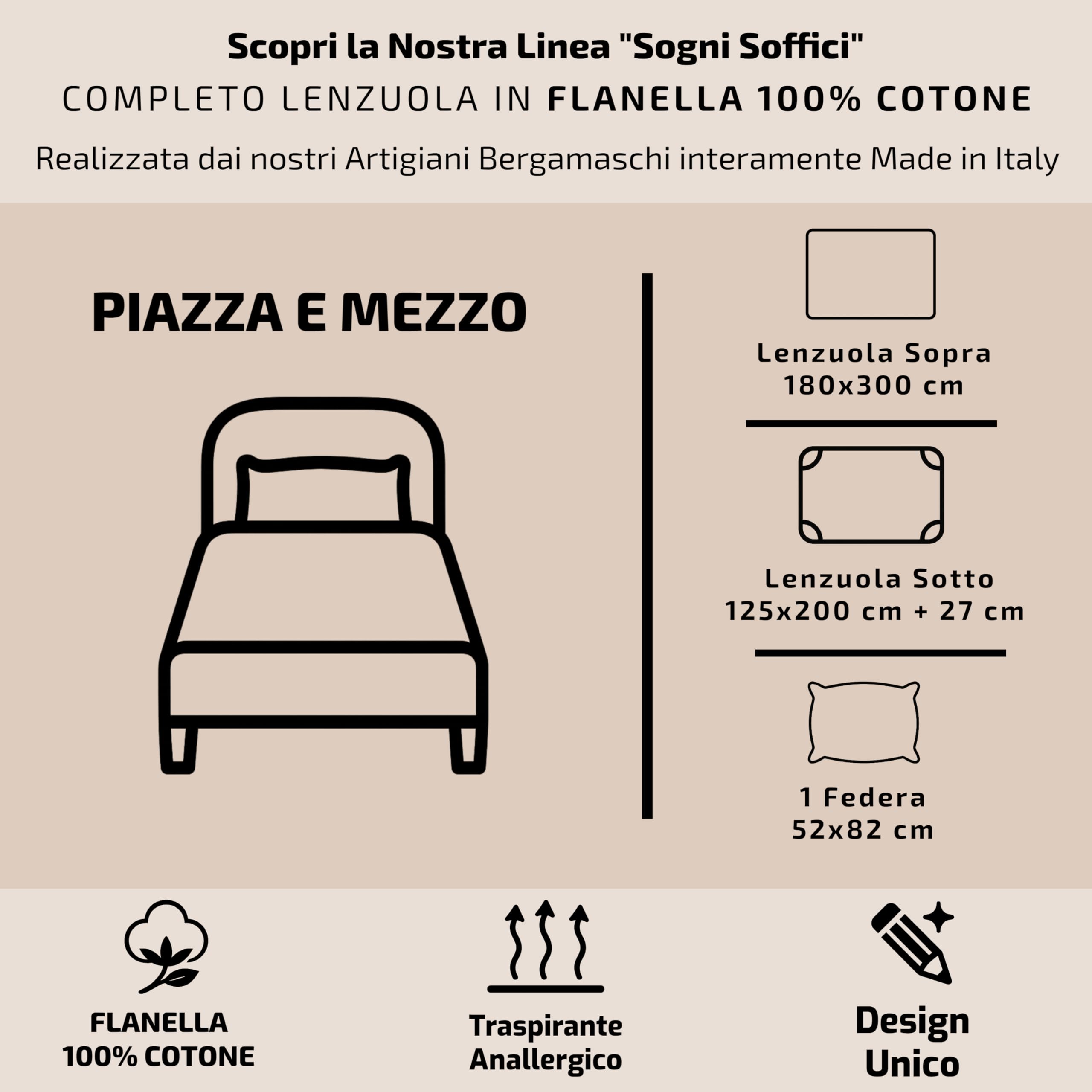 Mahome Set Completo Letto in Pregiata Flanella 100% Cotone con Trattamento Antipalline - Completo Lenzuola Caldo Cotone Morbide Artigianali Alta Qualità Made in Italy (Arianna Rosa, Piazza e Mezzo)