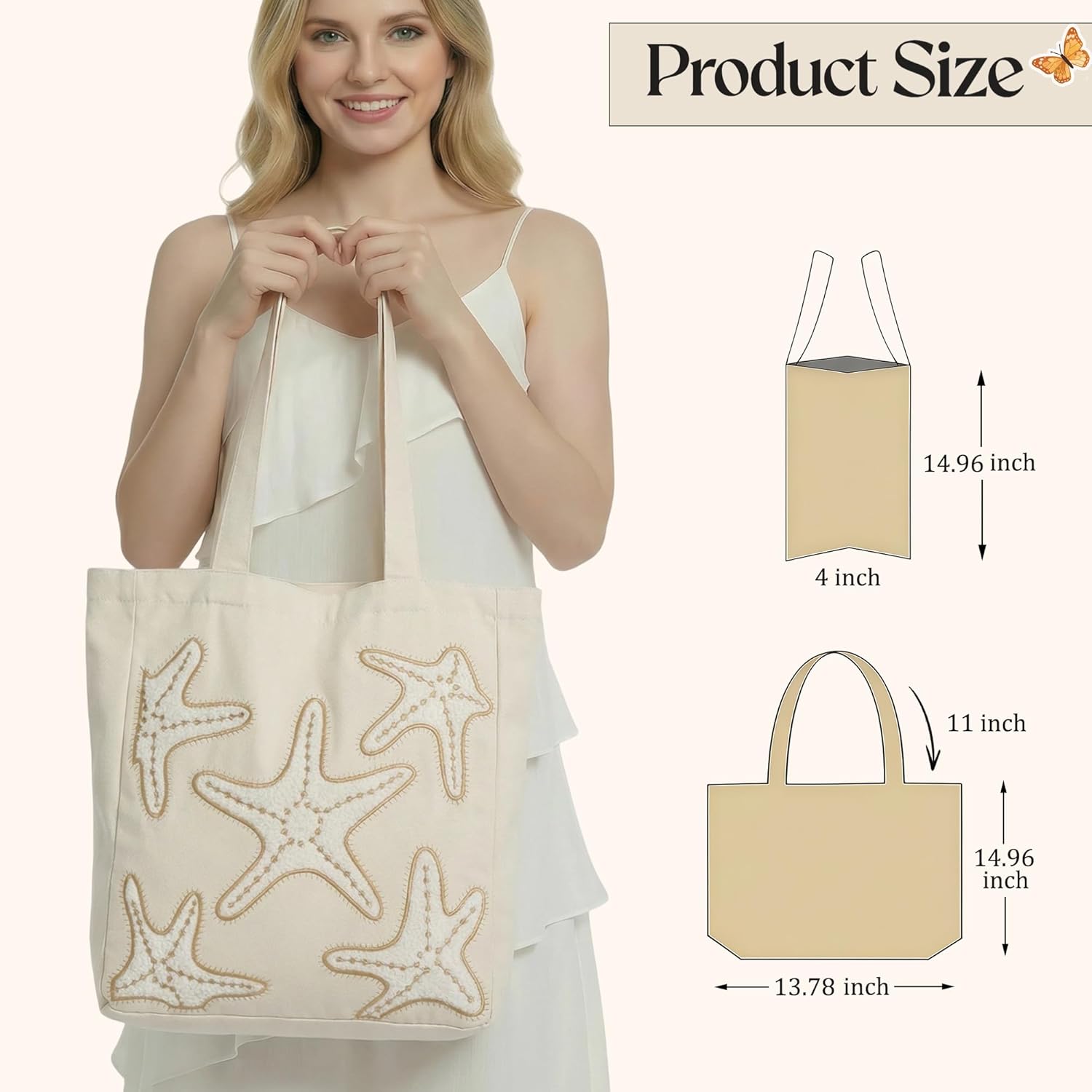 Ocean-Themed Embroidery Tote Bag for Women Summer Canvas Beach Bag Reusable Bag for Shopping Grocery Book - Image 2