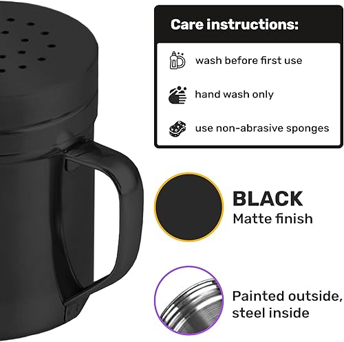 Miniatura 13 de CUSINIUM Salero de metal y pimienta, con asa, condimentos y especias con agujeros y tapas, 10 onzas, 2 piezas, estilo: mediano plateado,Negro