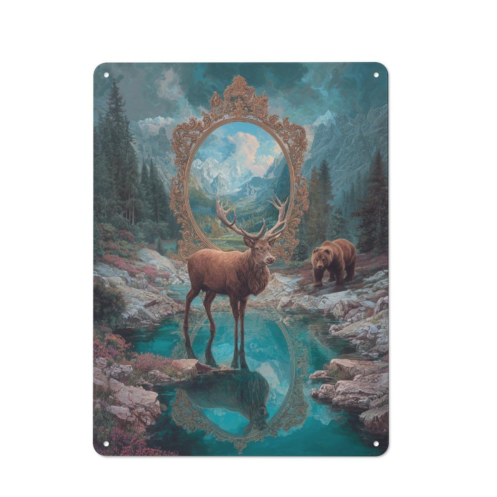 Mirror of Nature Deer And Bear Reflections Classic Metal Wall Decor 40x30cm, Decorative Tin Plaque for Cafe, Pub, Workshop Or Home Bar
