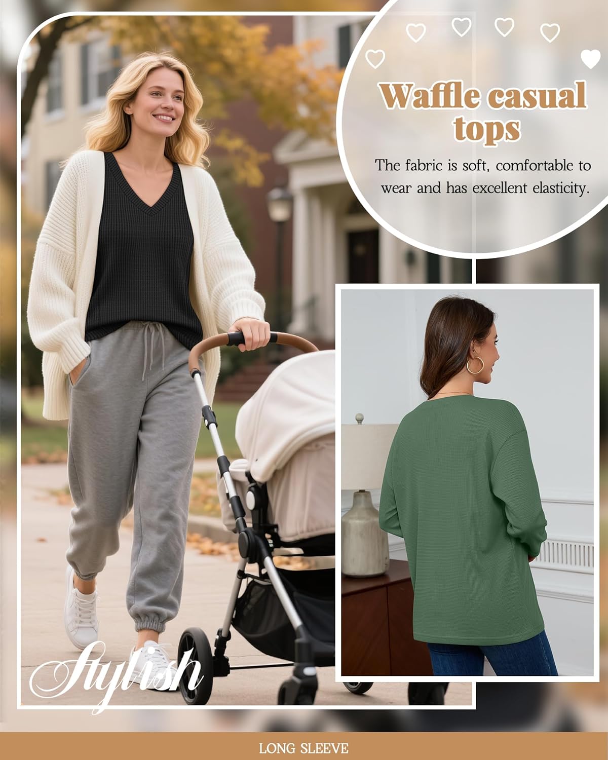 3 Pack Women's Oversized Nursing Tops Waffle Knit V Neck Breastfeeding Long Sleeve Shirts Hidden Zipper Sweatshirt - Image 6