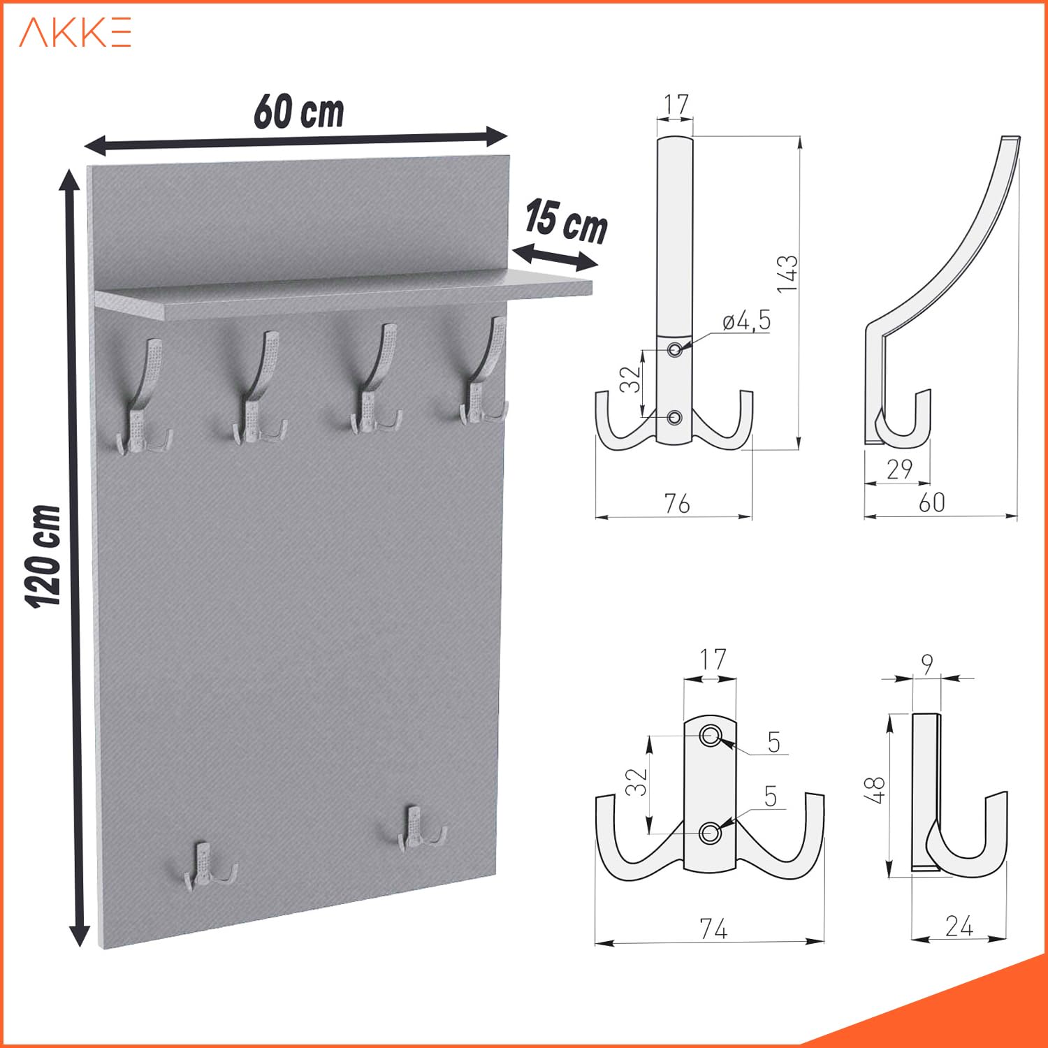 AKKE Maxi Appendiabiti Ingresso Moderno da Parete Muro Guardaroba 120cm x 60cm Sonoma/Chr.