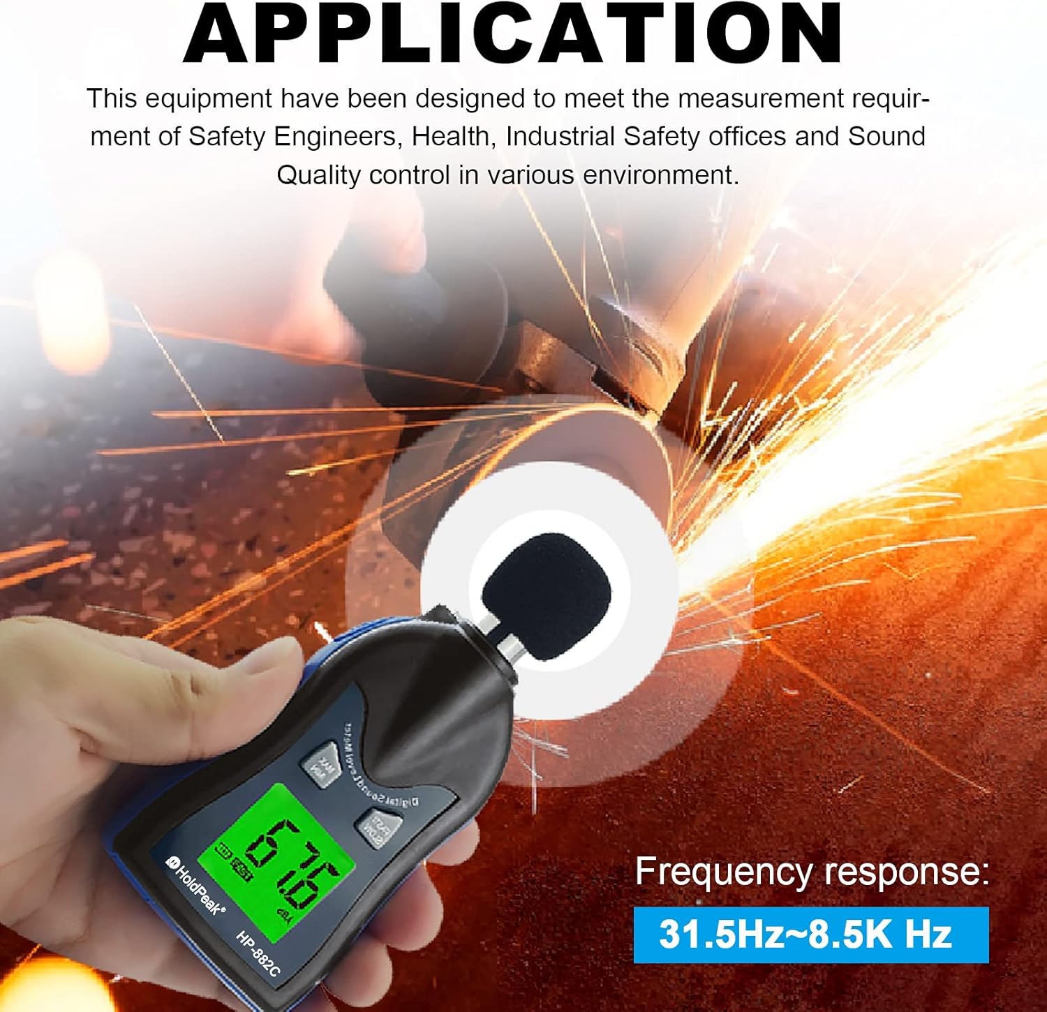 HoldPeak HP-882C Digital Sound Level Meter in use in an industrial setting