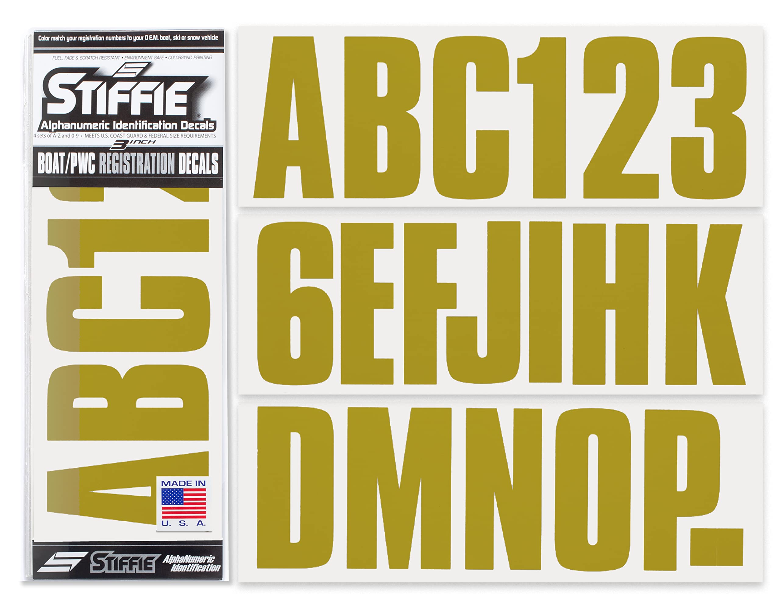STIFFIE Uniline Metallic Gold 3" Boat &amp; PWC Registration Decals • Numbers Letters Stickers