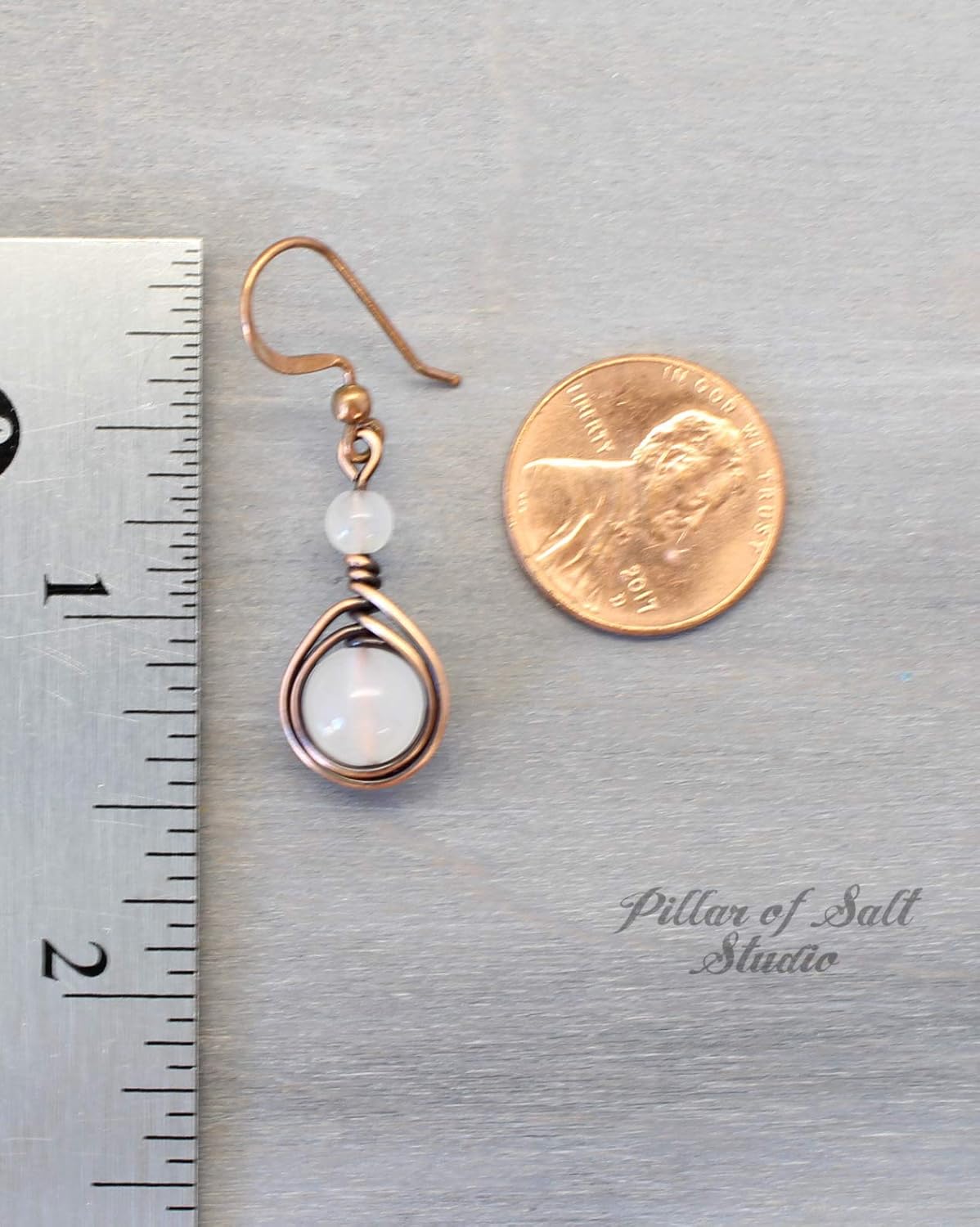 Pillar of Salt Studio Handcrafted Solid Copper Earrings with White Quartz Gemstone (Antiqued Copper, 1" drop)