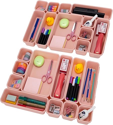 Miniatura 8 de 22 bandejas de organizador de cajones de escritorio con 3 tamaños diferentes, organizador multiusos de cajón de escritorio para cocina, baño, Rosa