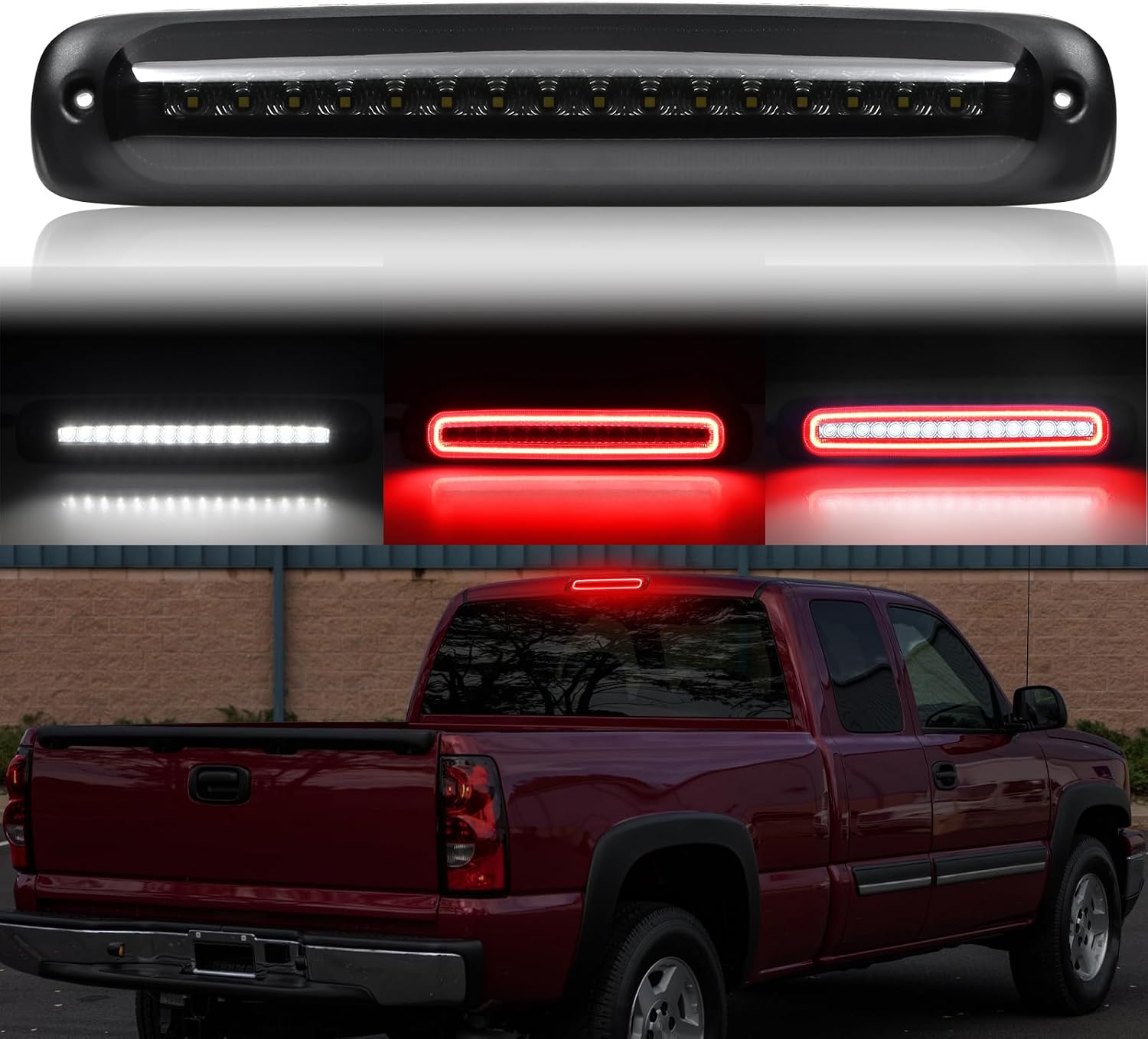 LED Third Brake Light Compatible with Silverado Sierra OBS 1988-1998 C1500 C2500 C3500 K1500 K2500 K3500 3rd Brake Light, C10 Rear Center High Mount Stop Light, Roof Cargo Lamp, Smoked Lens
