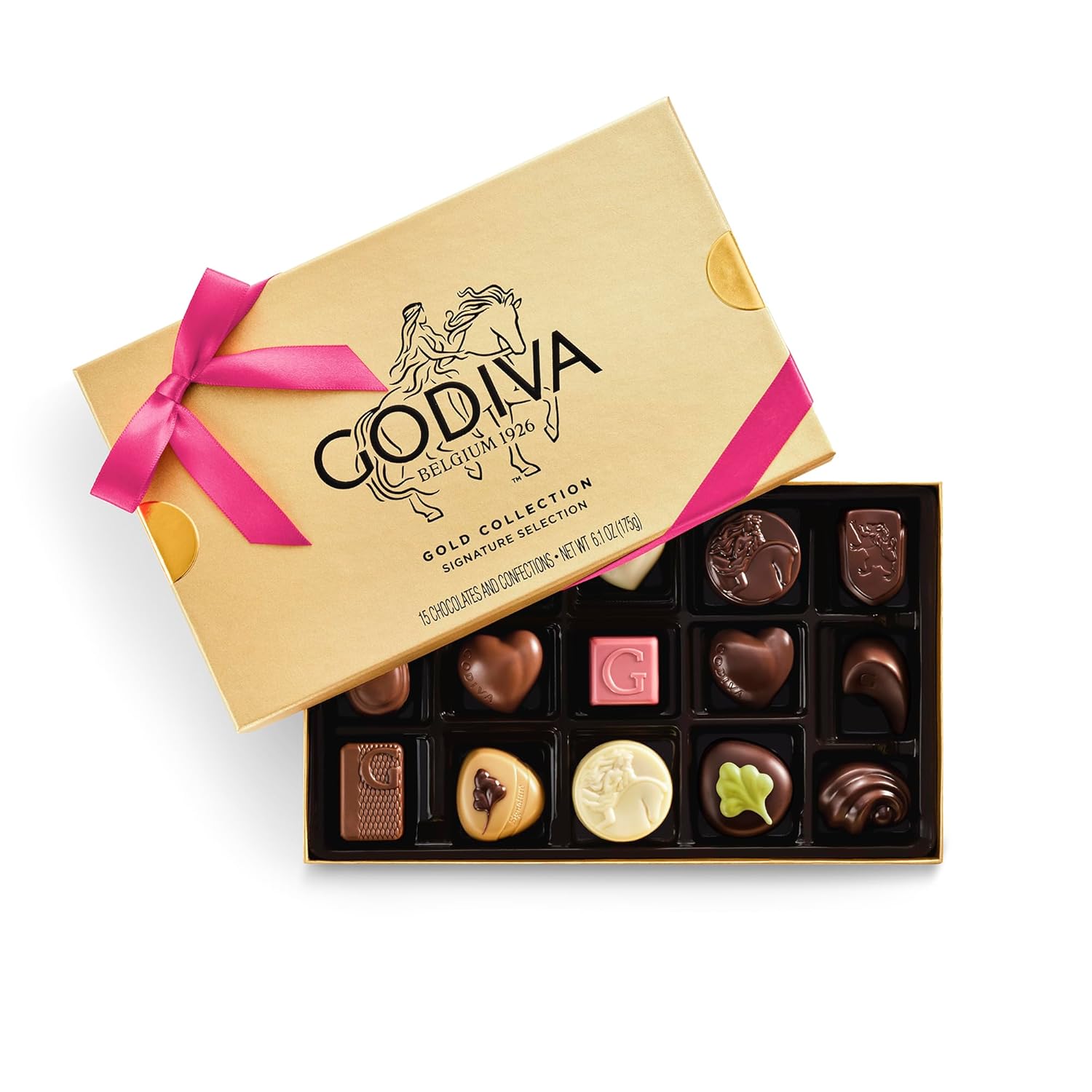 Godiva Gold Assorted Chocolate Gift Box, Belgian Dark & Milk Chocolates with Pralinés, Ganaches & Caramels, Gourmet Gift for Mother's Day, Kosher, Azalea Pink Ribbon,15 Pc