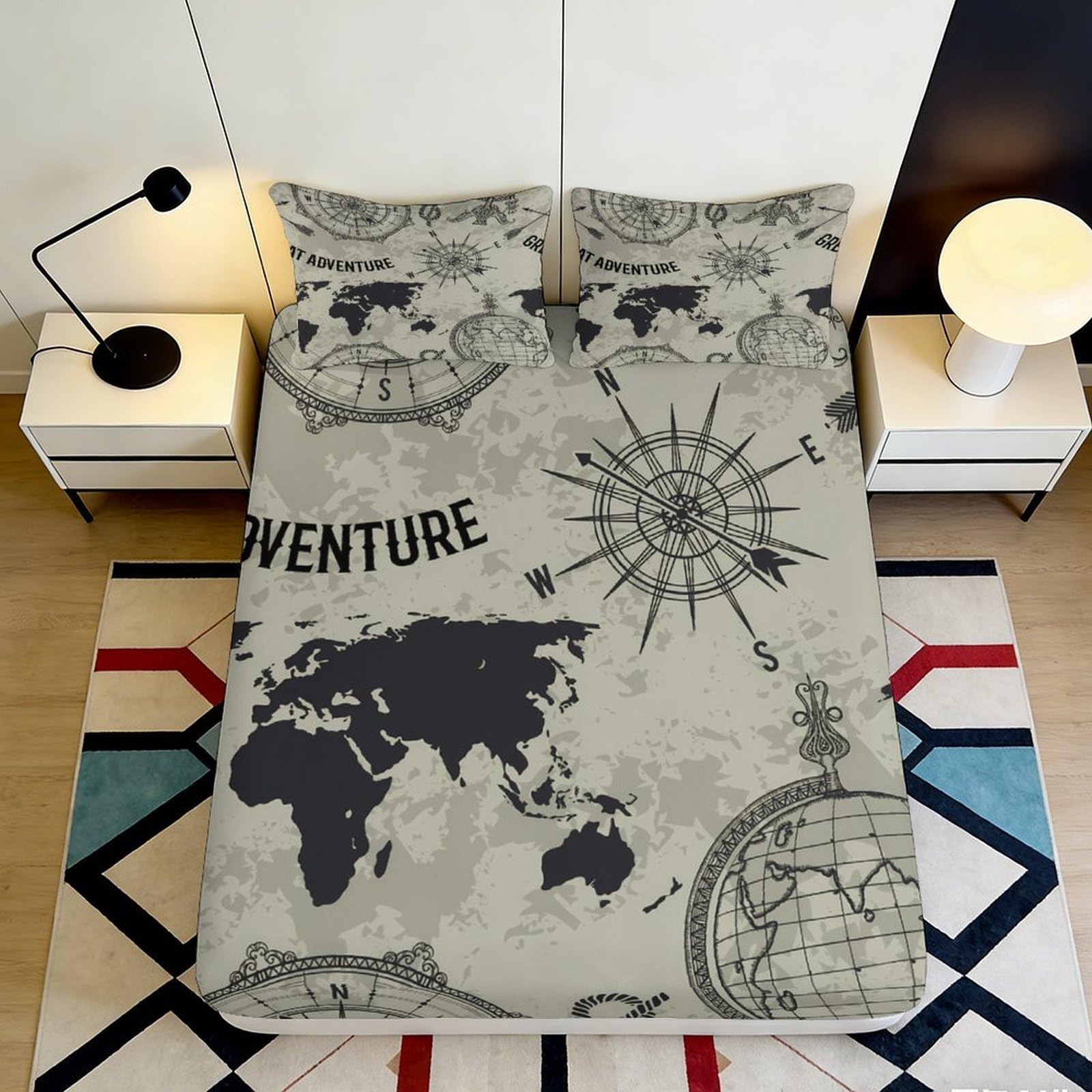 3D Printed World Map Fitted Sheet Microfiber Soft Compass Adventure Bed Cover Anti-Slip Washable for Bedroom Dorm 180x200x25cm