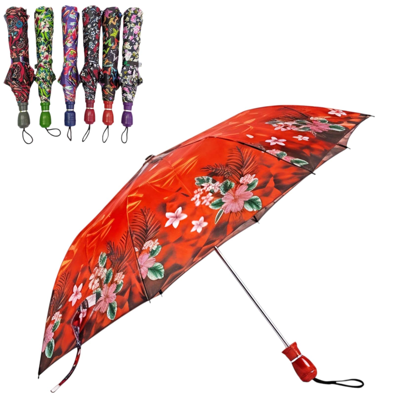 Fancy Designer Folding Rain Umbrella, Assorted Floral Prints, Polyester Canopy, Compact with Wrist Strap, 96 cm-image-12