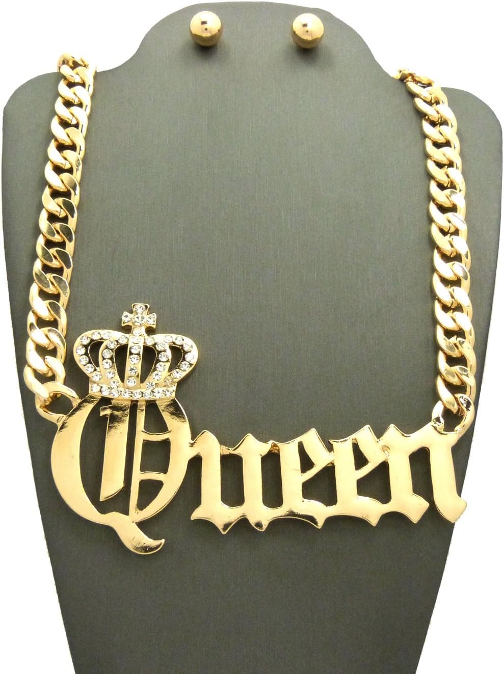 CBC Crown Womens Queen Pendant 10mm 18" Link Chain Necklace and Earring Set In Gold or Rhodium Tone