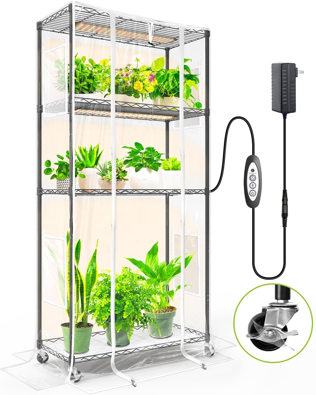 Indoor Greenhouse with Grow Light and Shelves - 4 Tier Plant Stand with Grow Light, Zippered PVC Cover and 3 Dimmable 1.8FT 60W Grow Lights with Timer, 30" L X 14" W X 59" H, Black