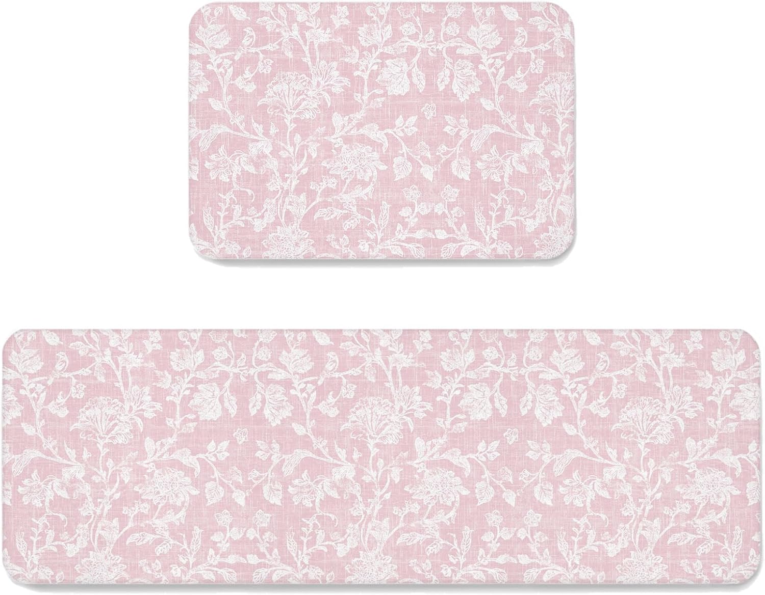 Pink Flower Kitchen Mats Set of 2 Pastoral White Plant Petal Leaf Rustic Linen Non Slip Mat Washable Floor Rug for Kitchen Sink Floor Laundry, 23.6"x35.4"+23.6"x70.9"