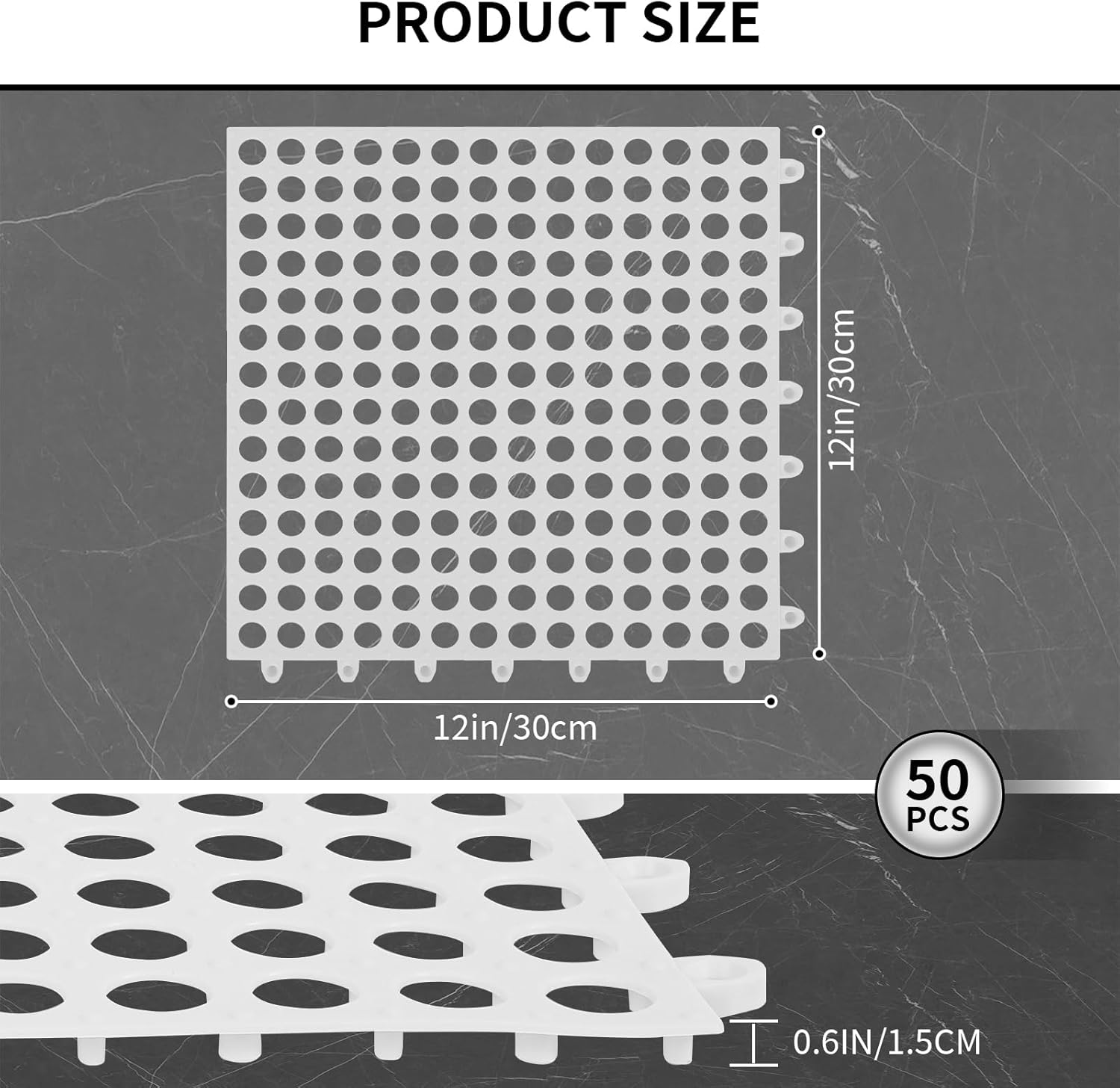 FAHKNS 50 PCS Interlocking Drainage Tiles, 12"x12" Anti Slip Interlocking Drain Mat, TPE Interlocking Floor Tiles for Showers, Toilets, Swimming Pools, Terraces, Drain, Pet Areas