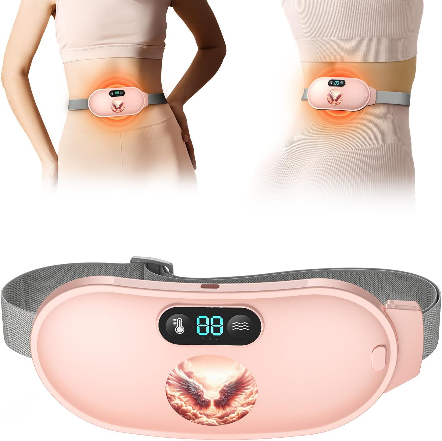 Koonie Menstrual Heating Pad, 6 Heat Levels & 6 Massage Modes, Pink Fabric, Cordless, Auto-Off, Period Cramps Relief