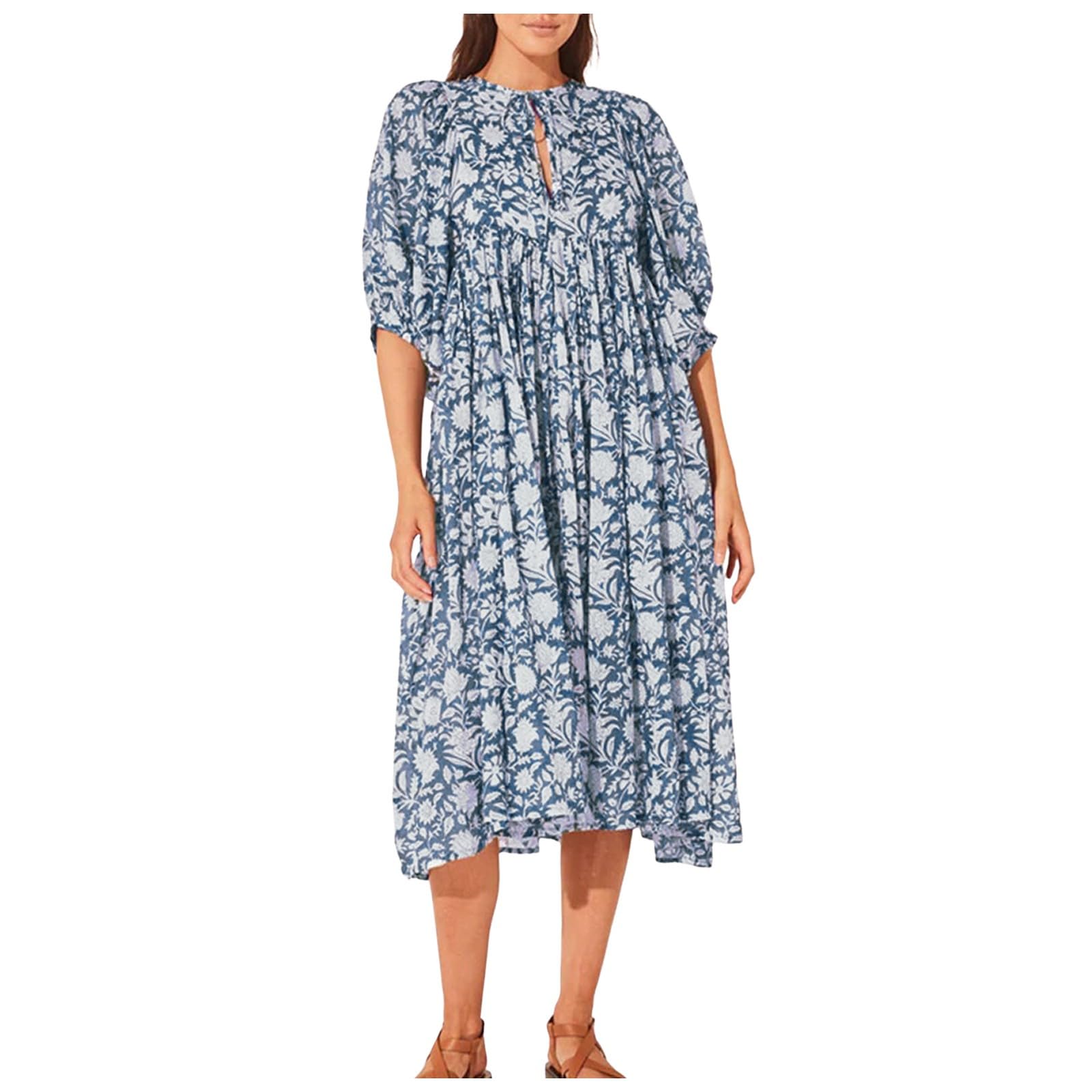 Vestidos Casuales De Verano for Mujer, Vestido Playa Midi Suelto con Mangas Abullonadas Y Estampado Floral, Medio Abierto
