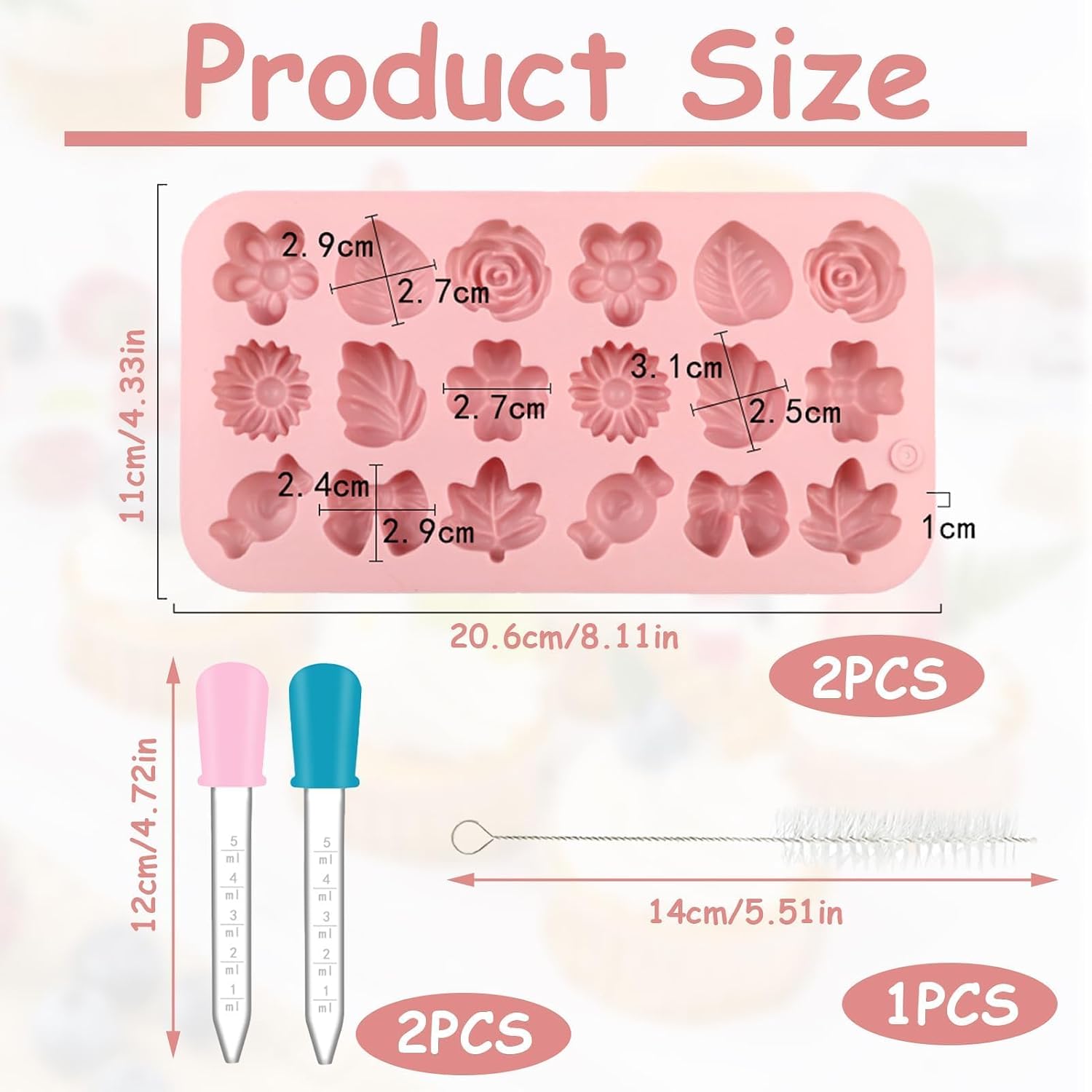 Flower Candy Molds Silicone 2PCS Daisy Rose Tulip Baking Set | Candy,Jello,Ice,Pudding,& Soap Making,Non-Stick & Flexible,Unique Floral Shapes With 2 Droppers