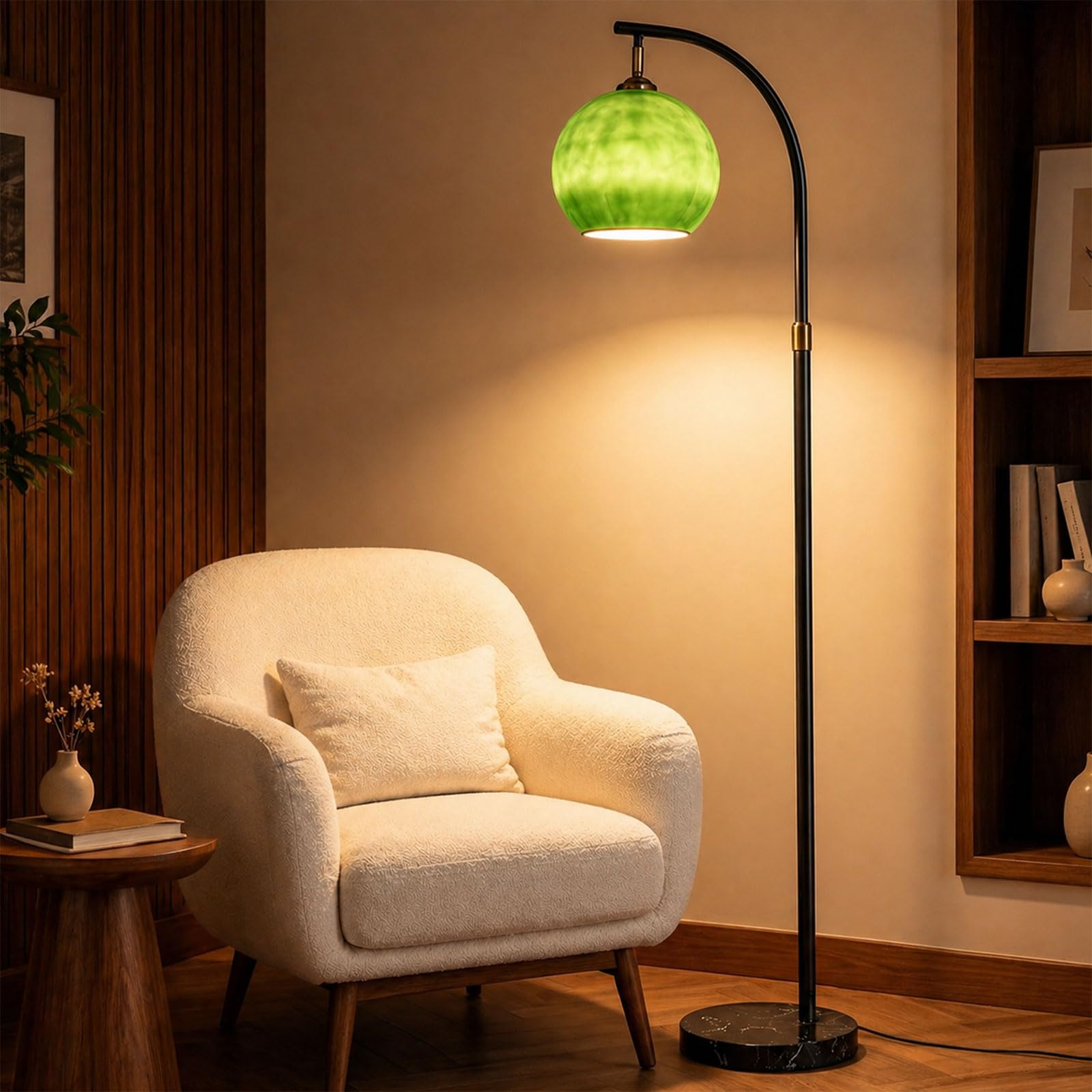 KlkrzJwy Arc Floor Lamp Mid Century Modern Green Floor Lamp Height Adjustable Globe Glass Standing Lamp with E27 3-Color Temperature Marble Tall Light for Living Room Bedroom Study(Includes Bulb)