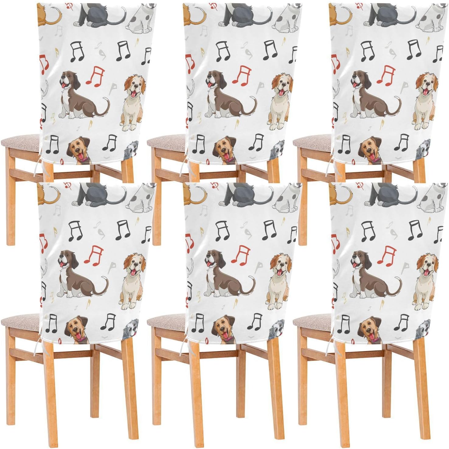 ALAZA Cute Dogs Music Notes Chair Back Cover Set of 6, Washable Reusable Removable Chair Slipcovers Decorative Chair Cover for Home Kitchen Wedding Party