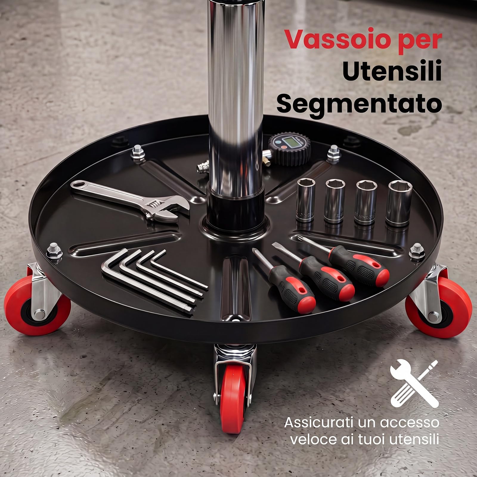 COSTWAY Sgabello da Officina con Vassoio Porta Attrezzi, Portata 150 kg | Sedia da Lavoro con Ruote, Altezza Regolabile e Girevole a 360°, Sedia da Meccanico per Garage e Officina