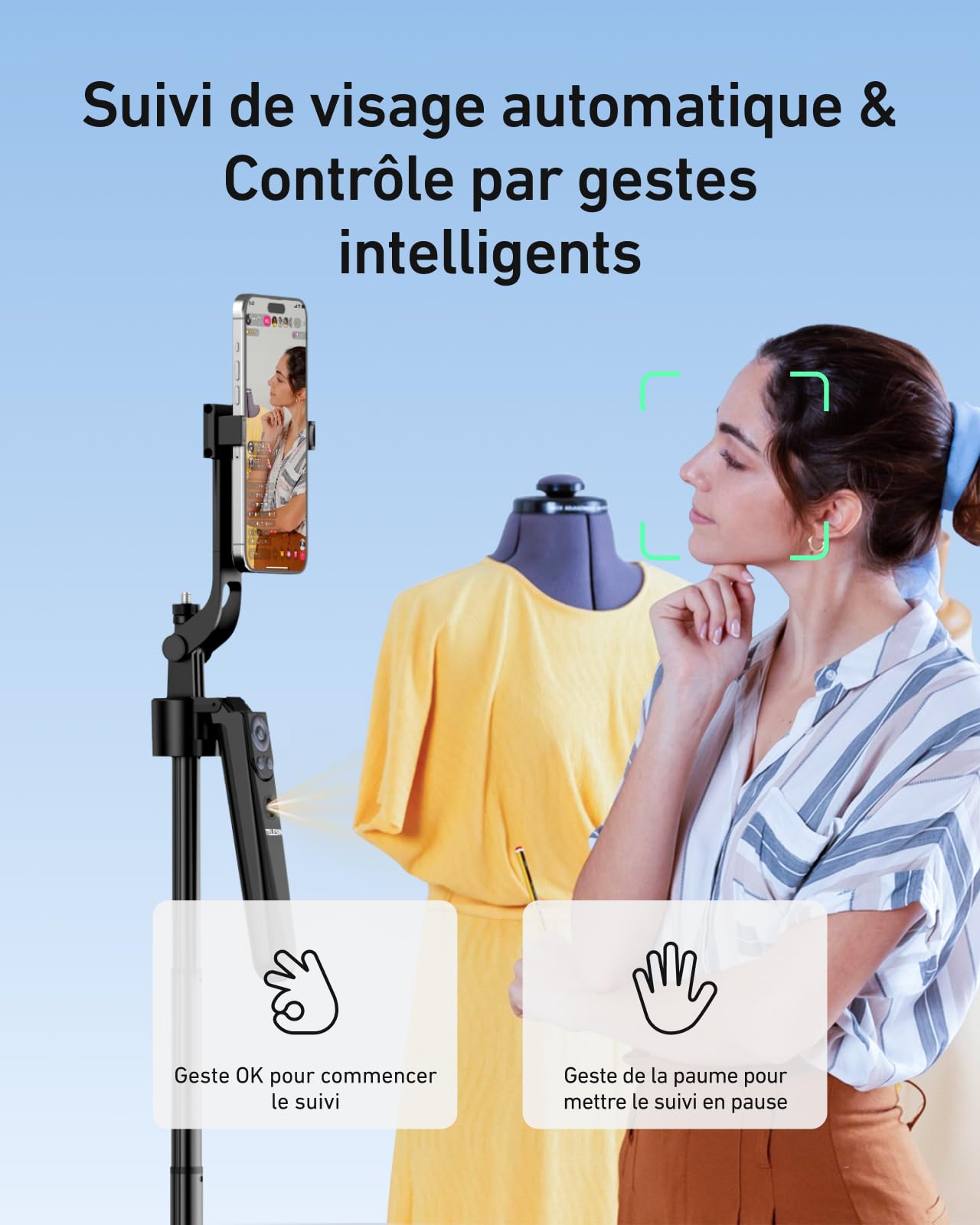 TELESIN 160CM Automatique Visage Suivi Trépied avec TéLéCommande Bluetooth